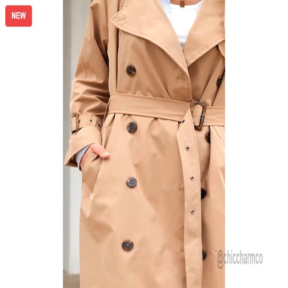 Long Trench Coat Double Breasted Classic Lapel Overcoat with Belt - Picture 7 of 7